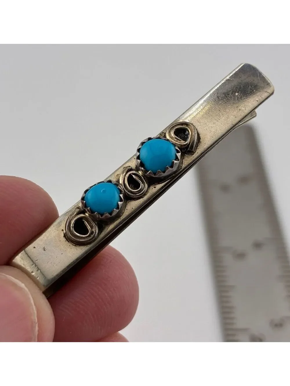 Vintage Nickel Money Clip with Turquoise Stones set in Silver Bezels SW style